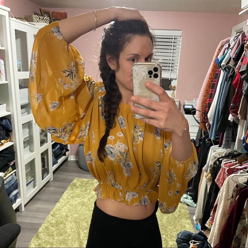 Willow and Root off the shoulder yellow floral top